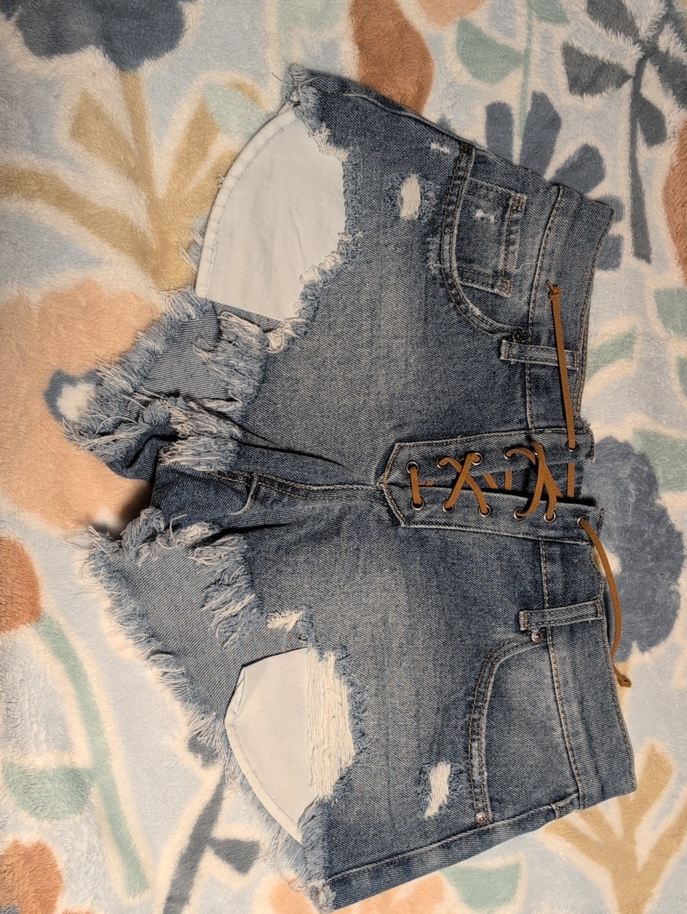 Sincerely Jules Distressed Light Blue Lace-Up Denim Jean Shorts